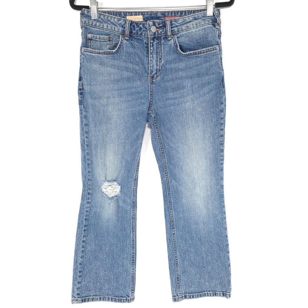 ANTHROPOLOGIE PILCRO‎ Women’s Jeans 28 Petite Crop Flare Distressed Blue Bootcut